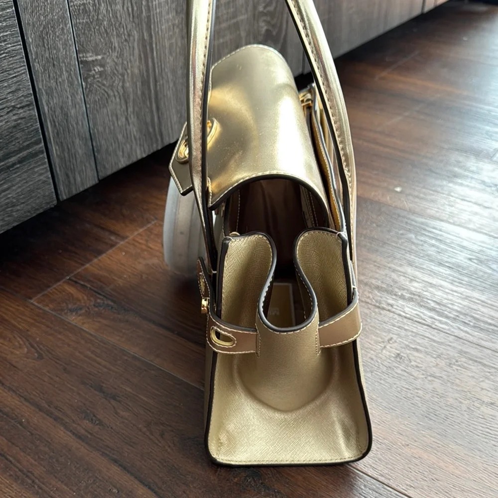 Michael Kors NWT Carmen Medium Metallic belted Gold Satchel Handbag - Picture 9 of 14